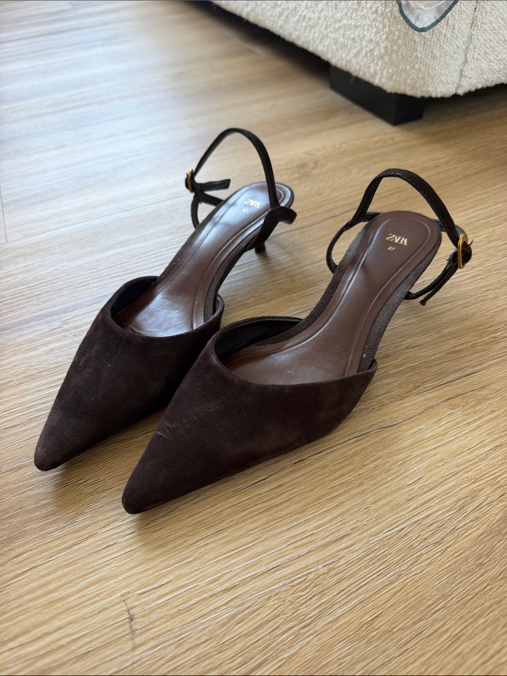 Zara Dark Brown Suede Pointed Slingback Heels (wore once)